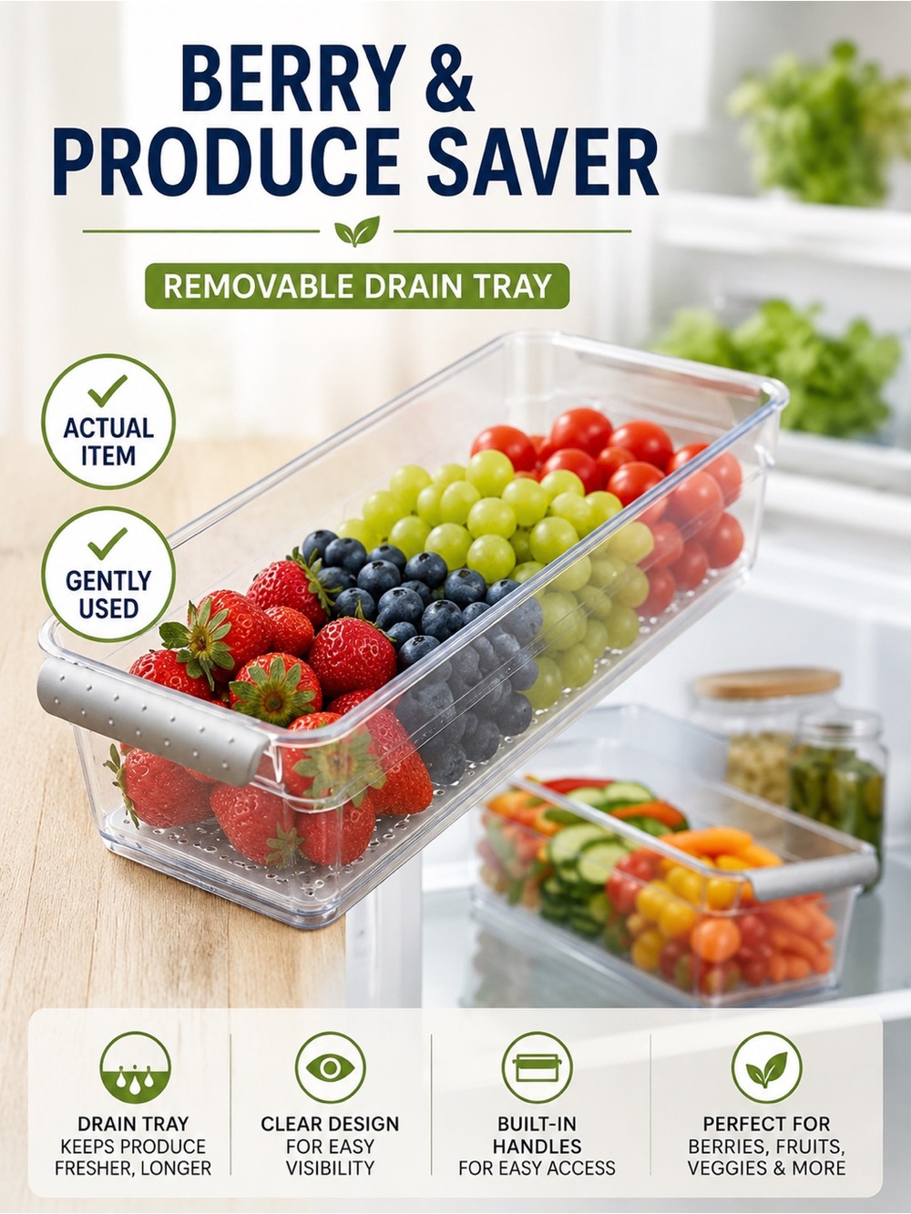 Clear Acrylic Berry Keeper Produce Saver Refrigerator Storage Bin w/ Drain Tray